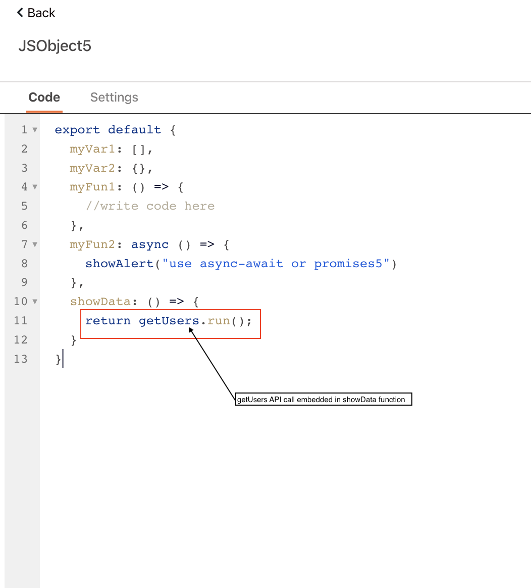 Call a getUsers API in the `showData` JS function
